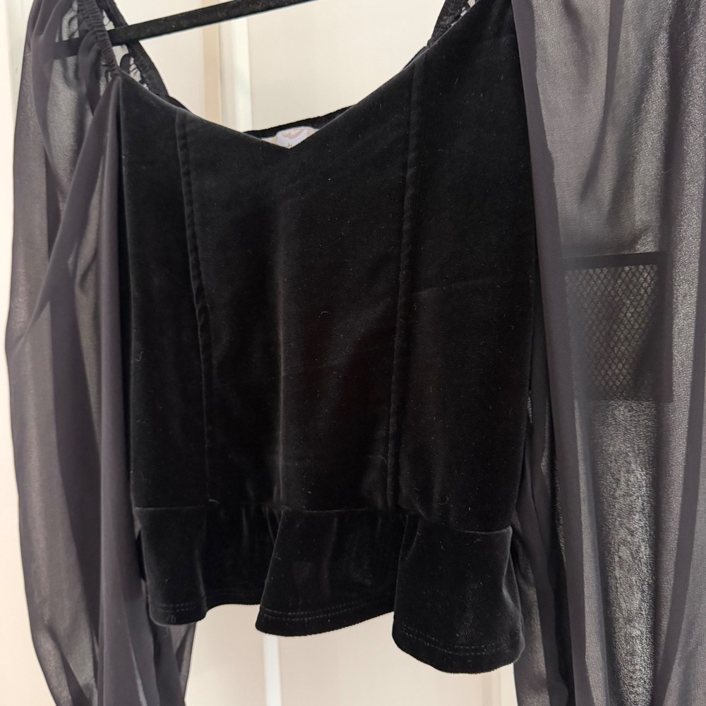 Band of the Free Black Velvet Sheer Mesh Sleeve Smocked Top M Romantoc - Picture 2 of 5